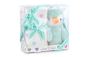 Boîte Cadeau Peluche Pingouin Turquoise 22cm Avec Couverture À Coeurs - Haute Qualité